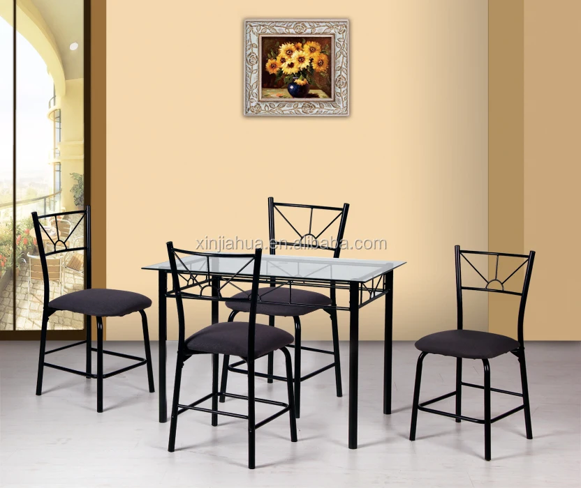 Rustic farmhouse  dinner room table and 4 seater furniture wood top meta legs rectangle dining table set for home restaurant 