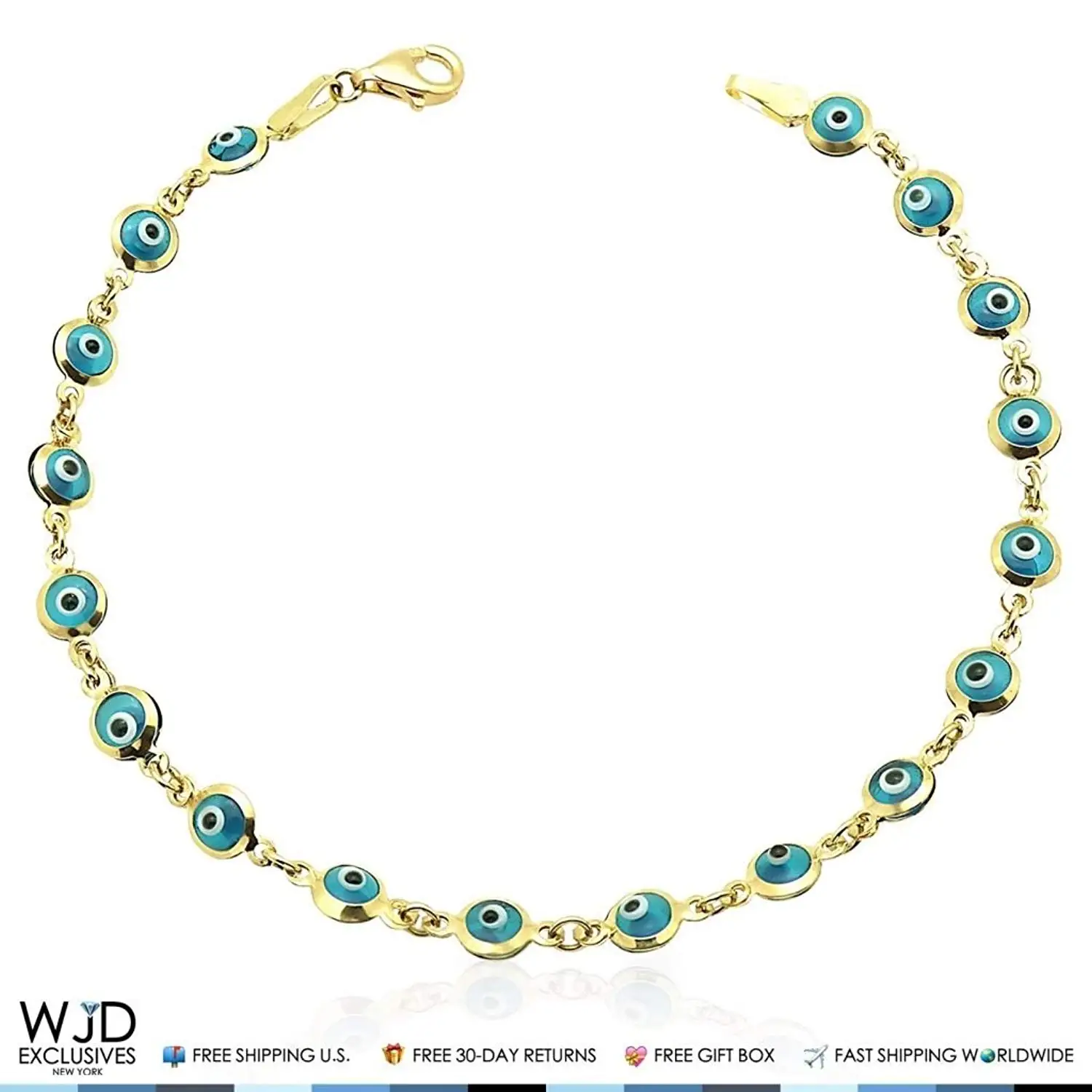 14k Yellow Gold Good Luck Evil Eye Cable Charm Bracelet 7.25"