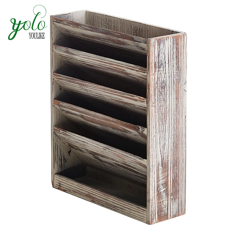 5 Slot Rustic Torched Wall Mounted Wood Magazine Rack Buy Wood