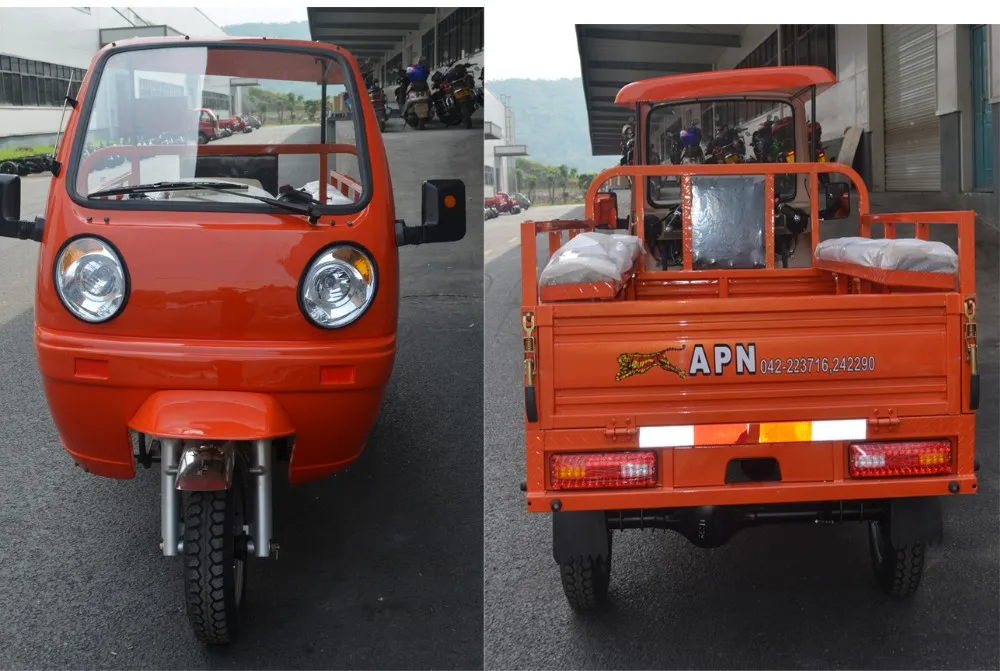 motorized gas powered three wheel cargo tricycle with passenger seats with semi-closed cabin for adult to sell