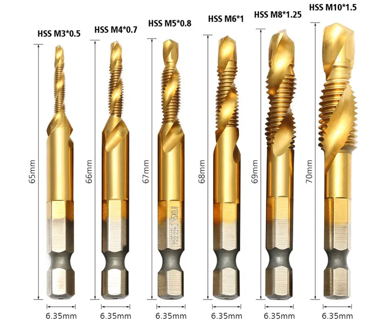 6Pcs Multi Purpose Combined Combination HSS Drill Tap Set for Metal Drilling Tapping