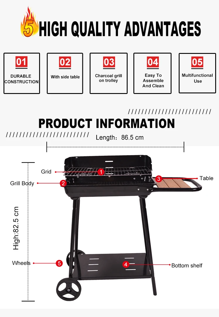 Camping Portable Charcoal Grill Trolley Adjustable Cookng Height