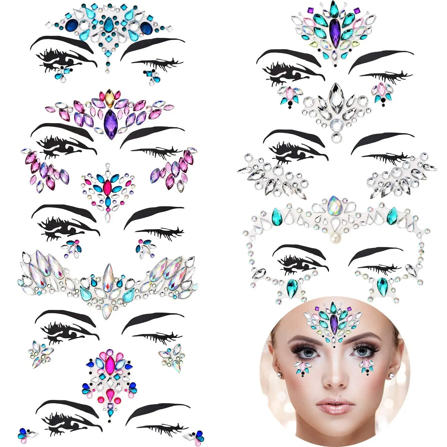TOODOO 8 Sets Mermaid Face Gems Glitter Sticker Rhinestone Bindis Crystal Face Jewels Tattoo Forehead Decorations for Women Favors (Pattern Set 1)