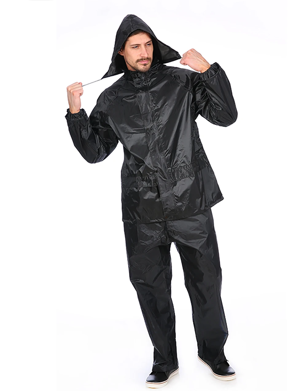 High Quality Raincoat Black Color 170t Polyester Mens Reflective Double Layer Rainsuit With Mesh Lining
