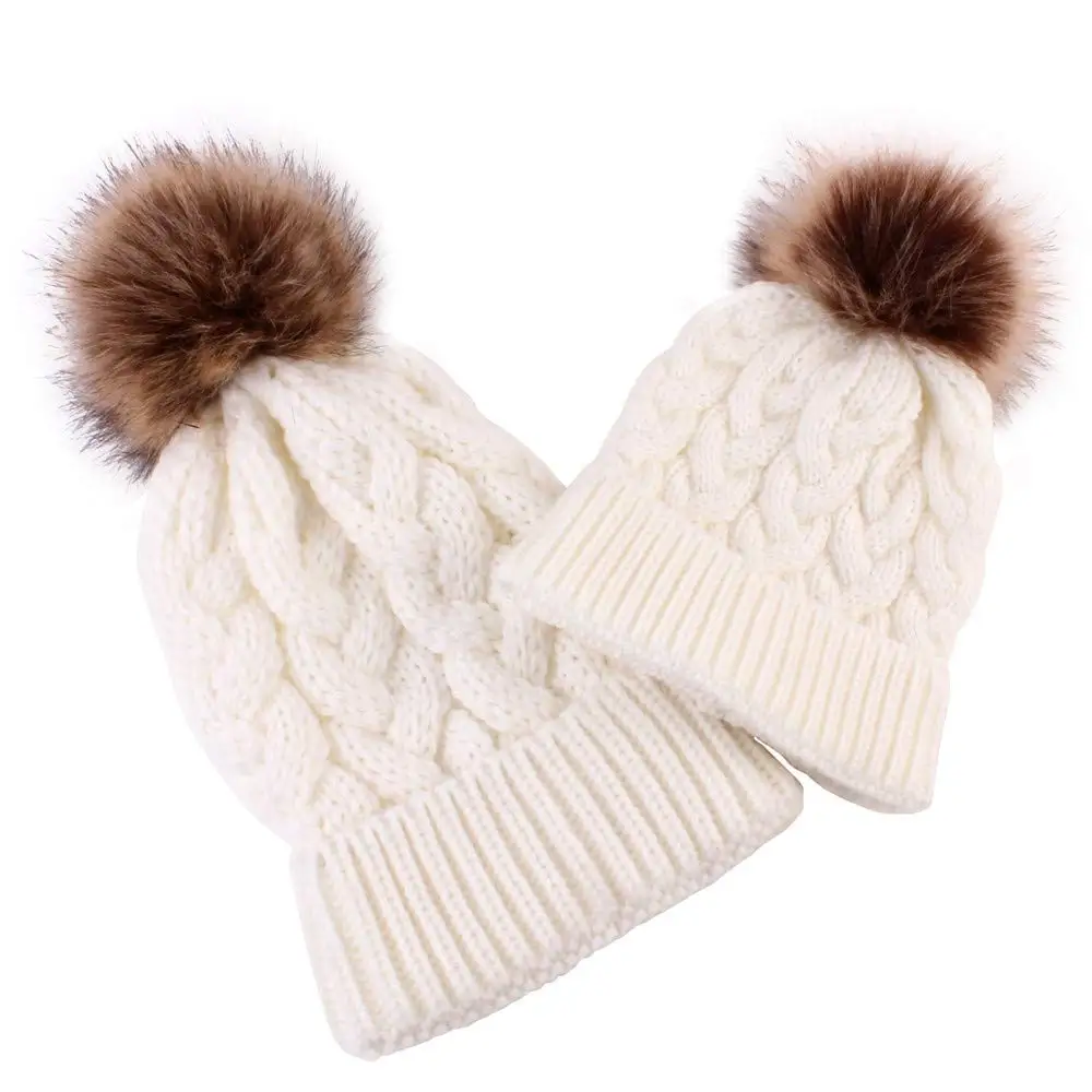 SUKEQ 2 Piece Parent-Child Winter Hat, Mother Baby Daughter Son Warm Chunky Knit Hat Crochet Family Matching Beanie Ski Cap with Faux Fur Pompom (White)