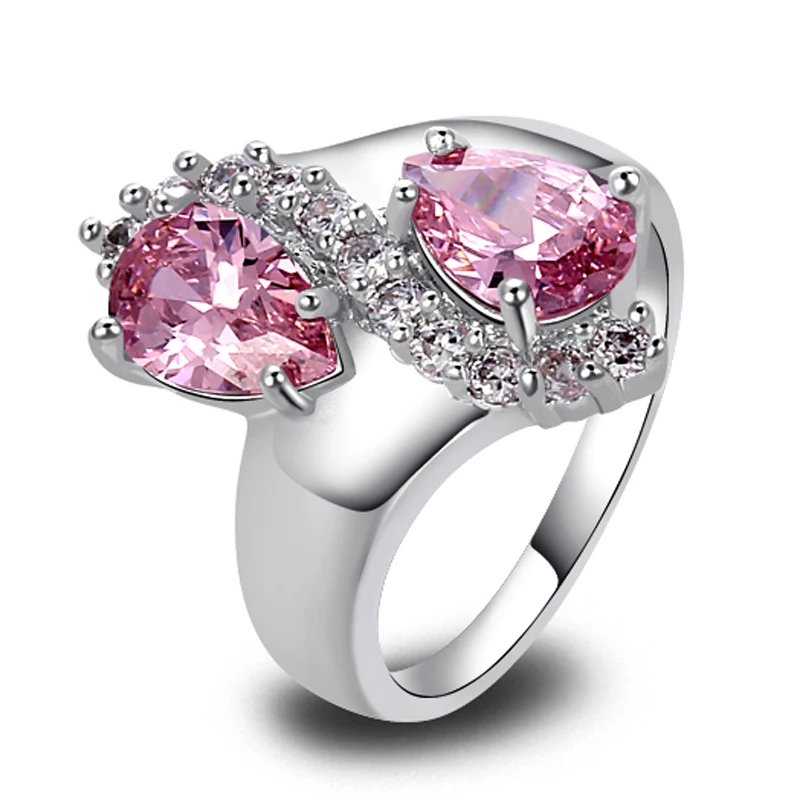 WY 2016 Free Shipping Women Lovely Pear Cut Pink Sapphire White Topaz Silver Ring Size 7