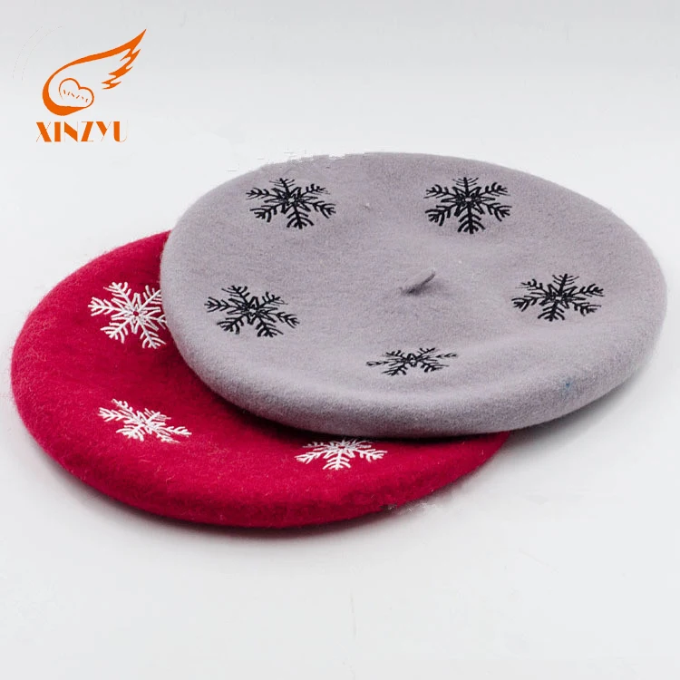 Classic Ladies Red Beret Hat Fashionable Snowflake Embroidered Girls Winter Hat for Christmas