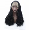 Hot Selling Two Strands Hand Made Braid Wig Long Black Curly Wave Hair Lace Front Synthetic Fiber Wig