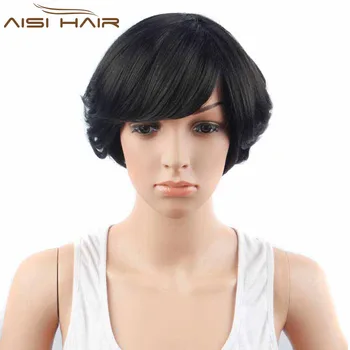 Factory Wholesale Price Short Black Wave Hair Wigs With Side Bangs