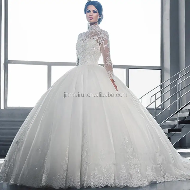 Romantic Ivory See Through Wedding Dresses 2020 Ball Gown Scoop Neck Long Sleeve Backless Glitter Tulle