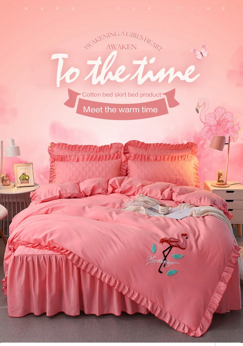 romantic maiden good pitch polyester towel embroidery korean bedding set lace warm bed skirt lace lotus leaf edge