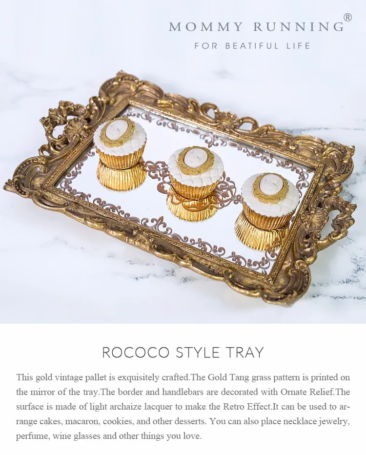 Gold Luxury Glass Mirror Serving Tray Table Metal Vanity Tray Home