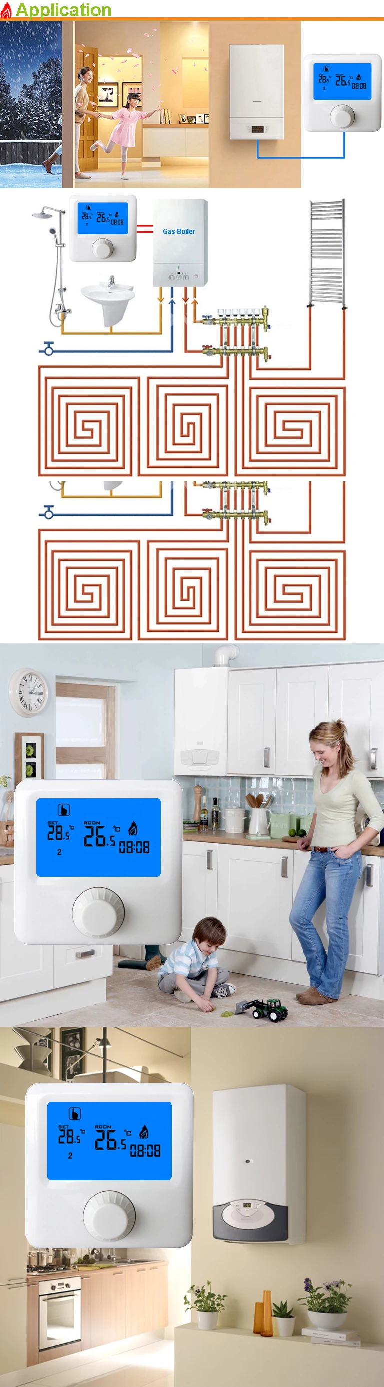 Flat Installation gas boiler thermostat with battery power