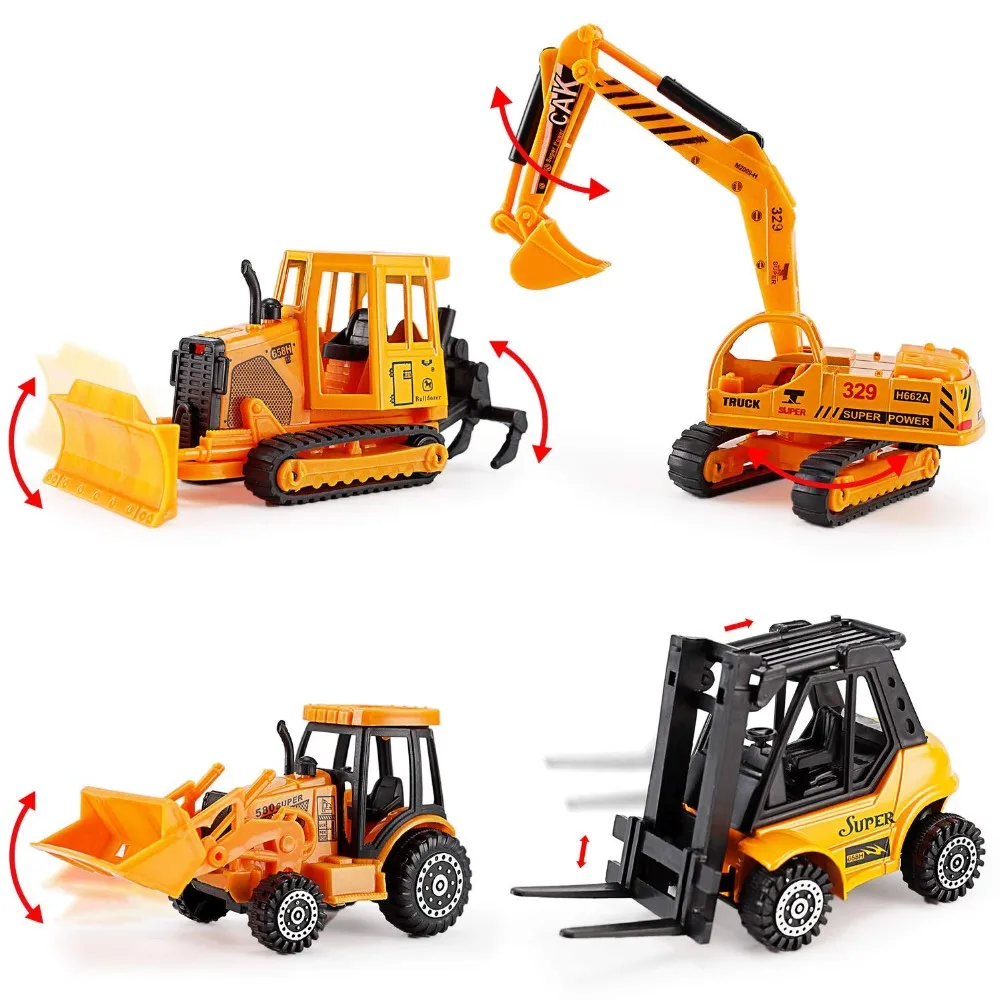 Set Of 4 Construction Vehicles Diecast Metal Toy Play Set Forklift,Bulldozer,Excavator,Tractor