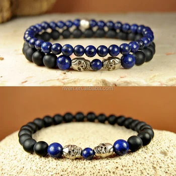 Sn0100 Mens Skull Bracelet Set Gemstone Beaded Lapis Lazuli Natural Sn0100 Mens Skull Bracelet Set Gemstone Beaded Lapis Lazuli Natural Stone Matte Black Onyx Bracelets