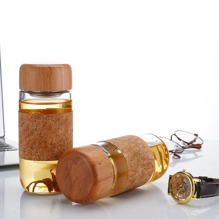 550ml Borosilicate Glass Sports Drinking Water Bottle With Cork Sleeve