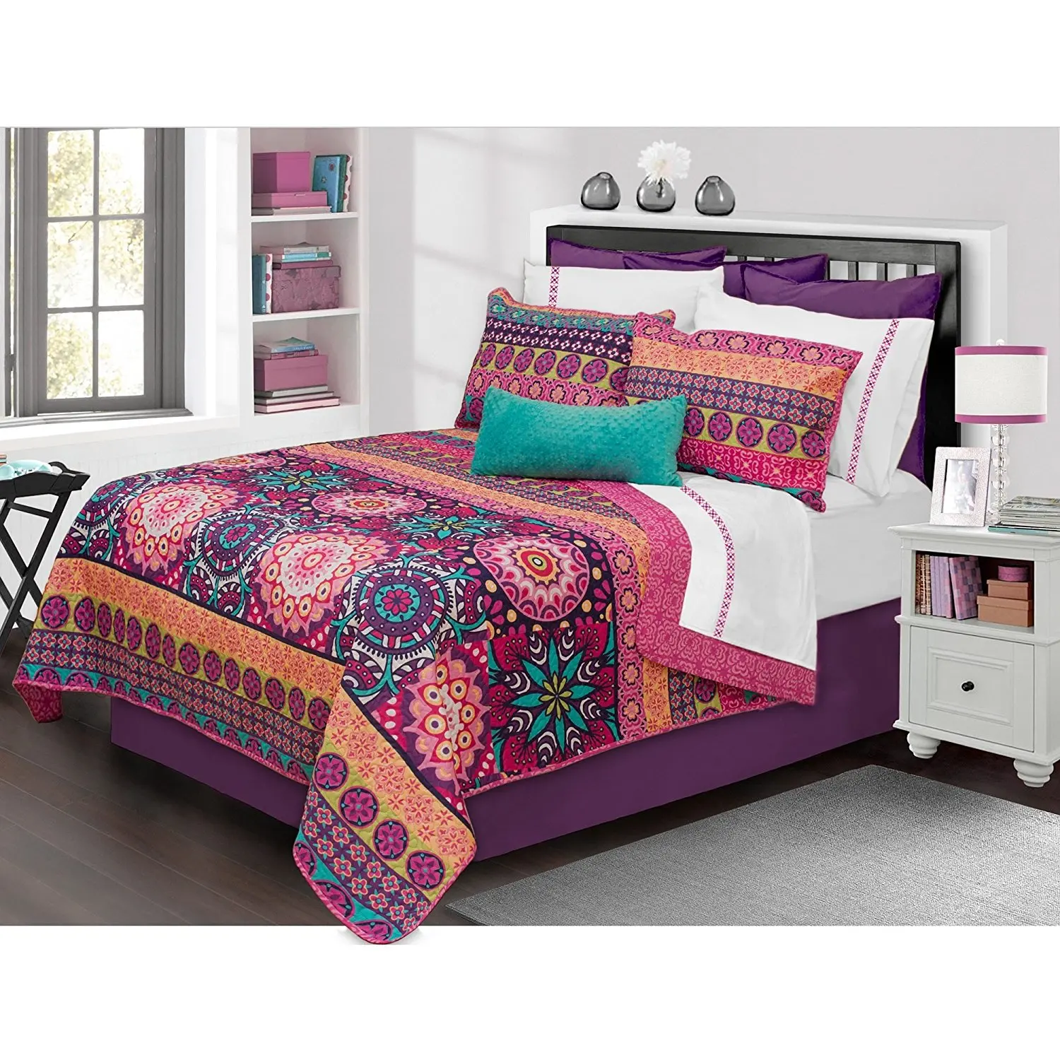 3 Piece Girls Pink Purple Orange Teal Blue Boho Chic Floral Theme Quilt Full Queen Set, All Over Geometric Flower Medallion Bedding, Horizontal Stripe Bohemian Intricate Mandala Flowers Themed Pattern
