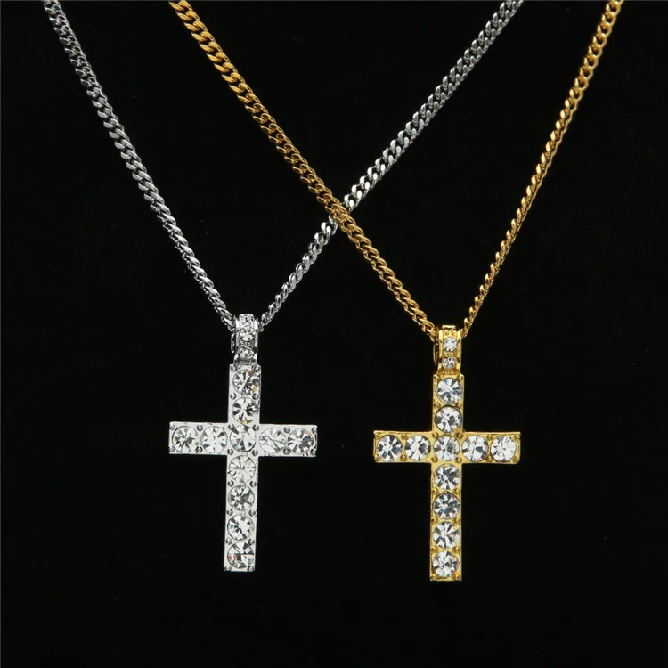 China factory wholesale cubic zirconia brass copper crystal rhinestone cross pendant necklace