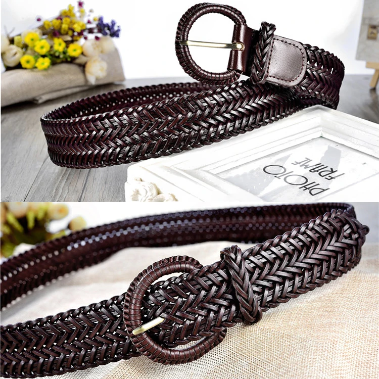 Women 4cm Wide Braided Belt Cowhide Bonded Leather Handmade Weave Belt