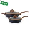 Forged marble coating deep fry pan non stick low casserole/sauce pan with wood print soft touch handle
