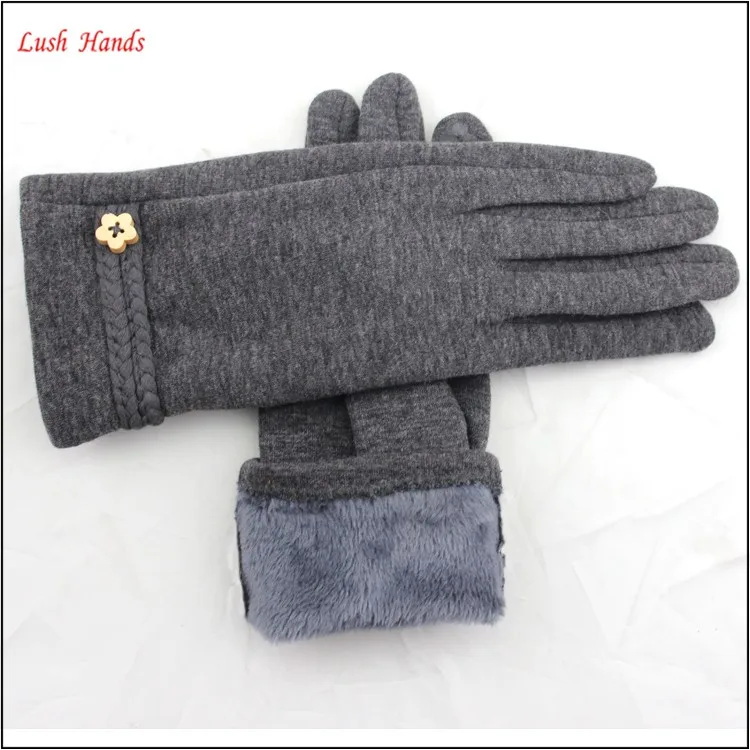 ladies simple grey micro velvet hand gloves with belt