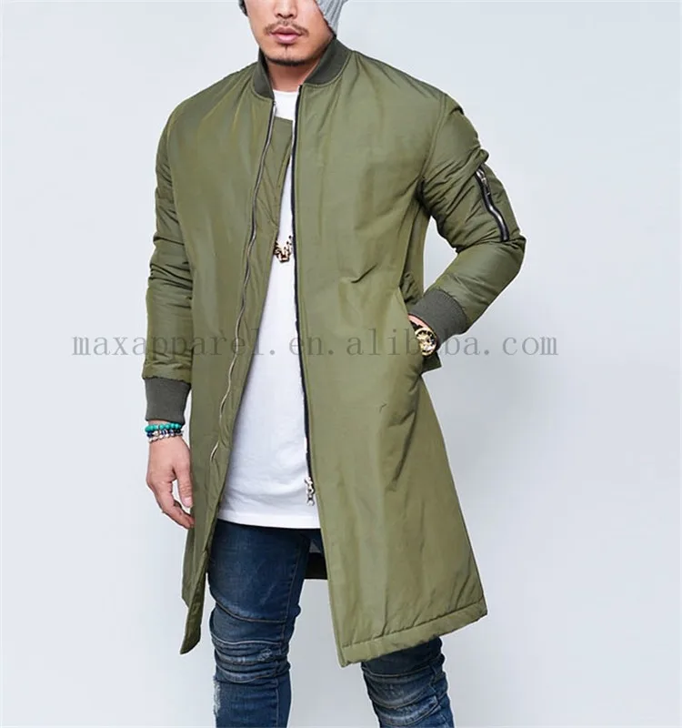 2015 Custom Men Nylon Long Extended Jackets Army Green Bomber Jacket In