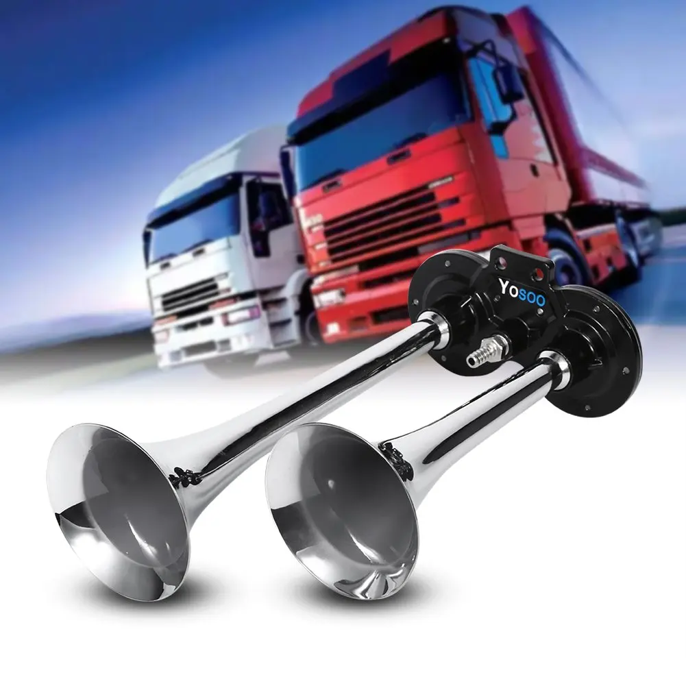 12V//24V Dual Trumpet Air Horn,Premium Quality Classic Super Loud Powerful Train Sound Shiny Dual Car Van Truck Boat Air Horn