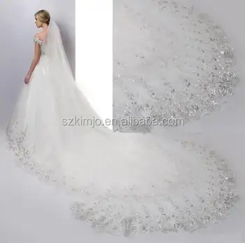 4 Meters Beaded Applique Long Bridal Veil With Comb Soft Tulle Cheap