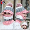 Scarf hat one pcs women bobble hats cable knit Balaclava face mask womans winter hats