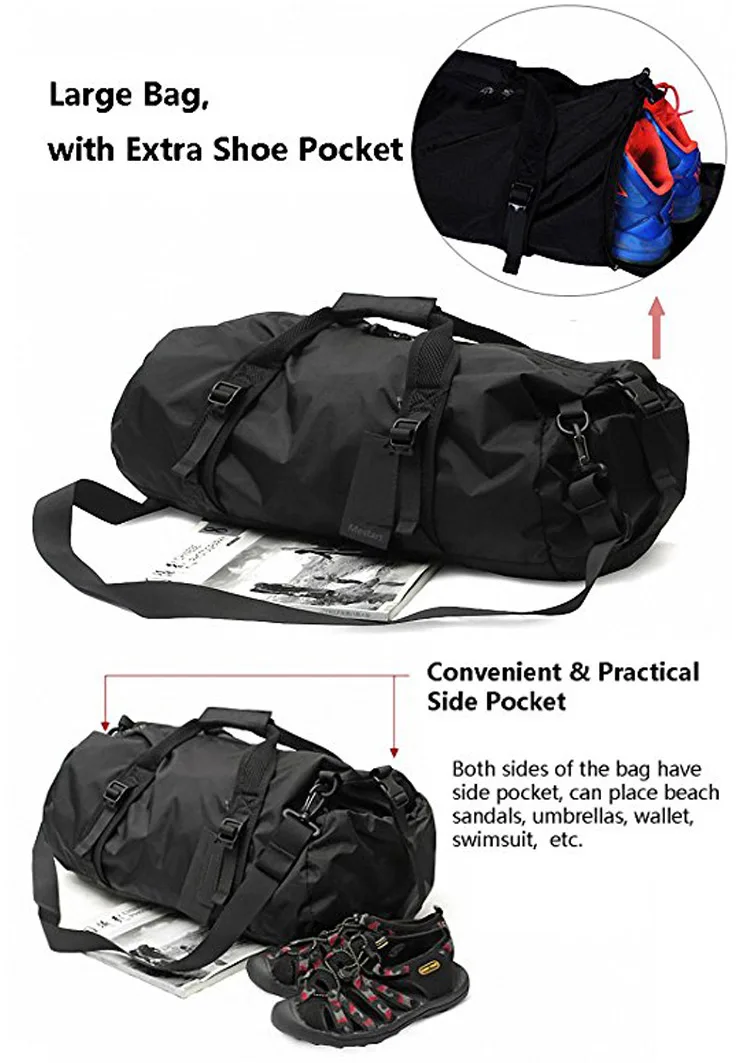 Lightweight outdoor waterproof foldable nylon sports yoga gym overnight travel duffle duffel bag with shoes compartment