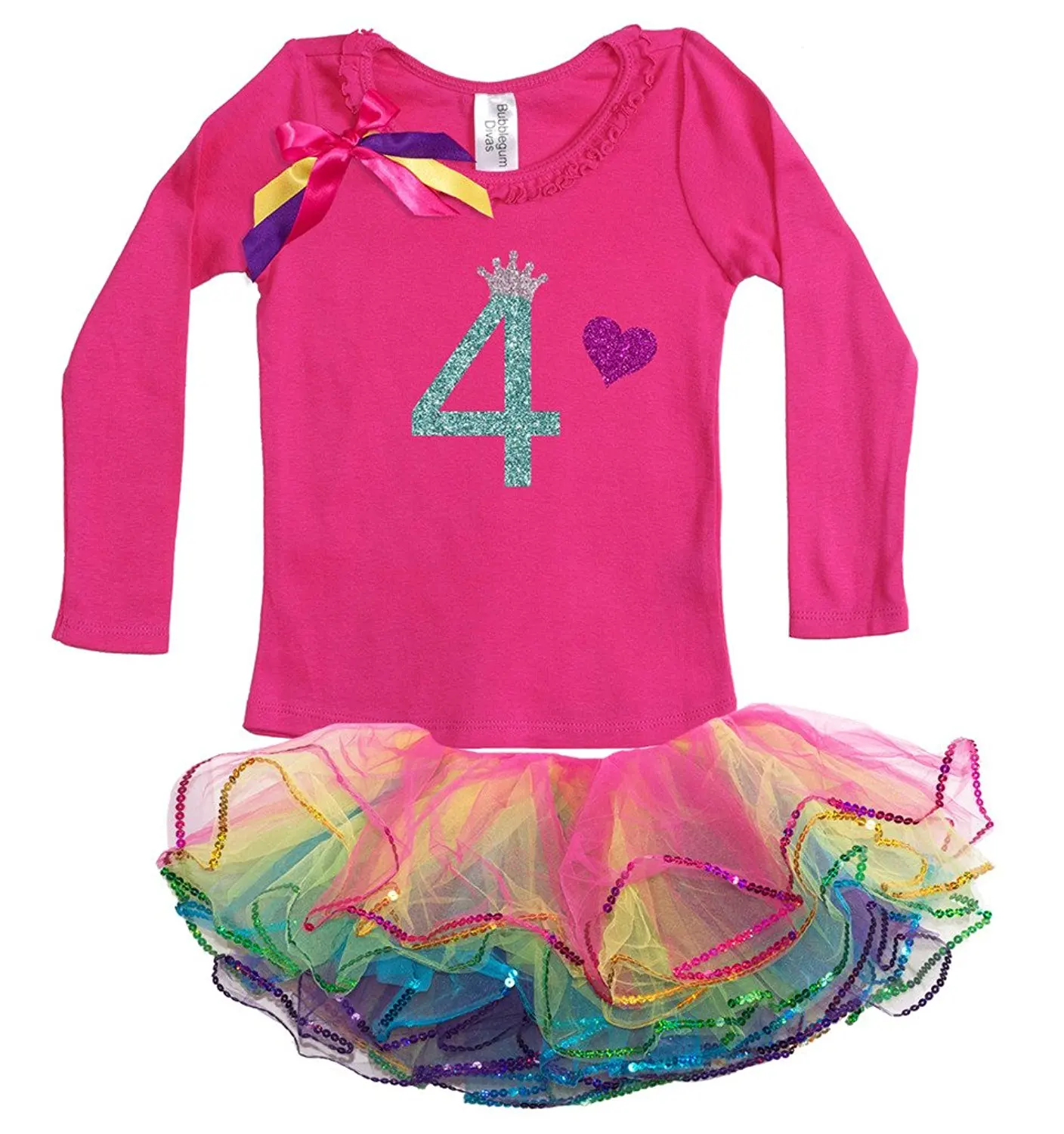 Bubblegum Divas Little Girls 4th Birthday Butterfly Shirt Rainbow Tutu Socks Hair Bow 4pc Gift Set