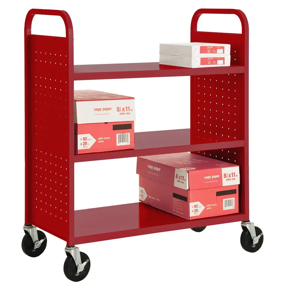 Sandusky Lee SF336-01 3 Flat Shelf Book Truck, 19" Length, 39" Width, 46" Height, 3 Shelves, Fire Engine Red