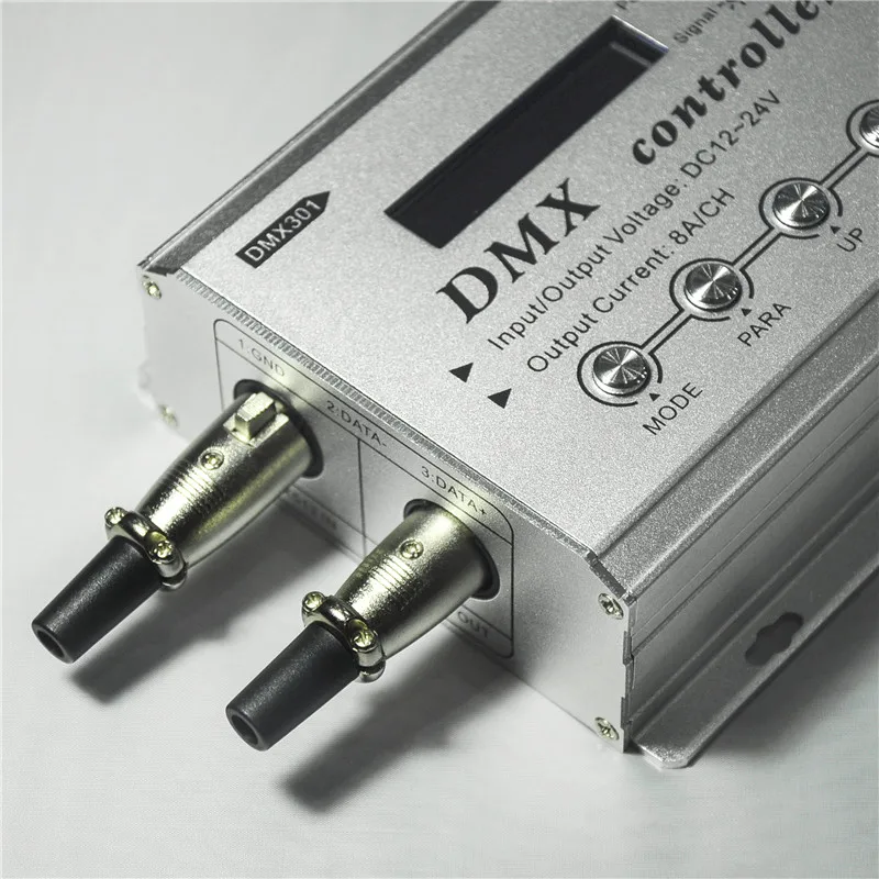 DMX301 low voltage DMX led controller (with LCD display);DC12~24V input;Output current:8A*3channels,power: 12V:<144W, 24V:<288W