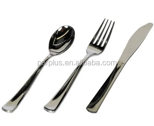 Cubiertos De Fiesta De Plástico Desechable Plateado Metal Look Cuchillos Tenedores Cucharas Metálico