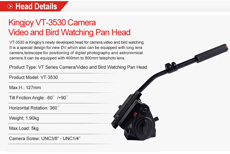KINGJOY Heavy Duty Aluminum Video Camera Tripod VT-3500+VT-3530, 77 Inch Height for Different Shooting Request