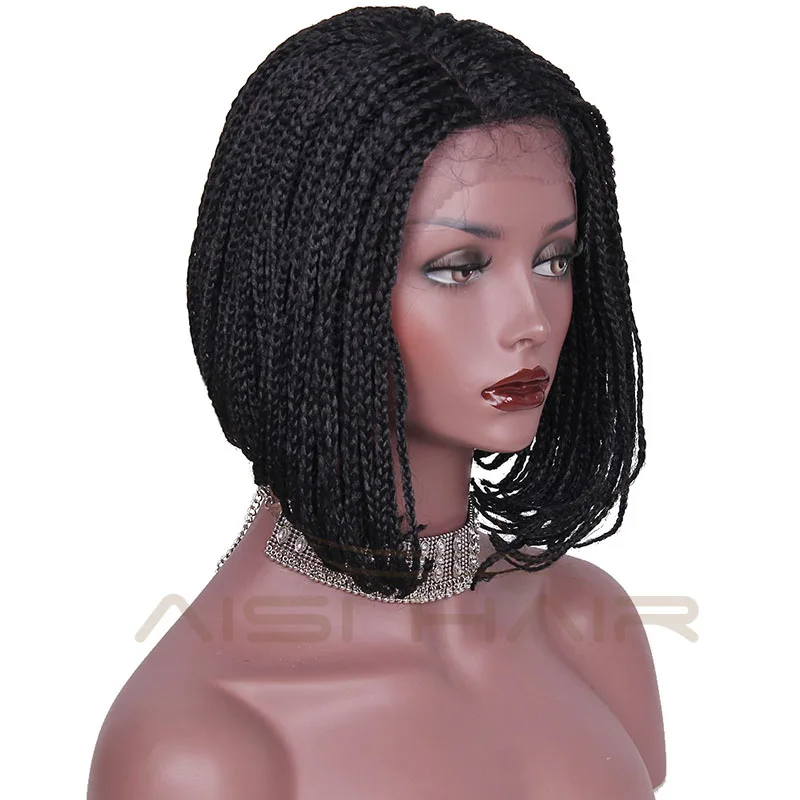 Short Braided Box Braids Wig Synthetic Lace Front Bob Wig Heat