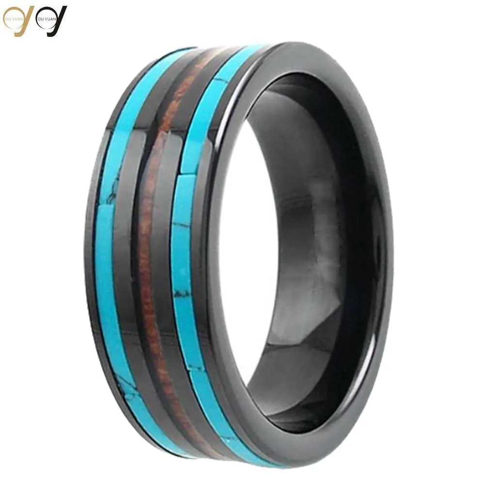 Unisex Blue Fire Opal and Koa Wood Tungsten Ring Mens Bands Opal With Dome Party Needs
