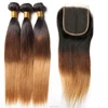 3 Bundles Ombre Brazilian Straight Human Hair Bundle With Closure Weave 1b/4/27 4x4 Free Part Remy Blonde Lace Closure