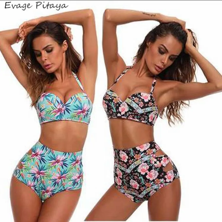 2019 New Factory Dropshipping High Waist Halter Push Up Printing Sexy Mature Women Extreme 