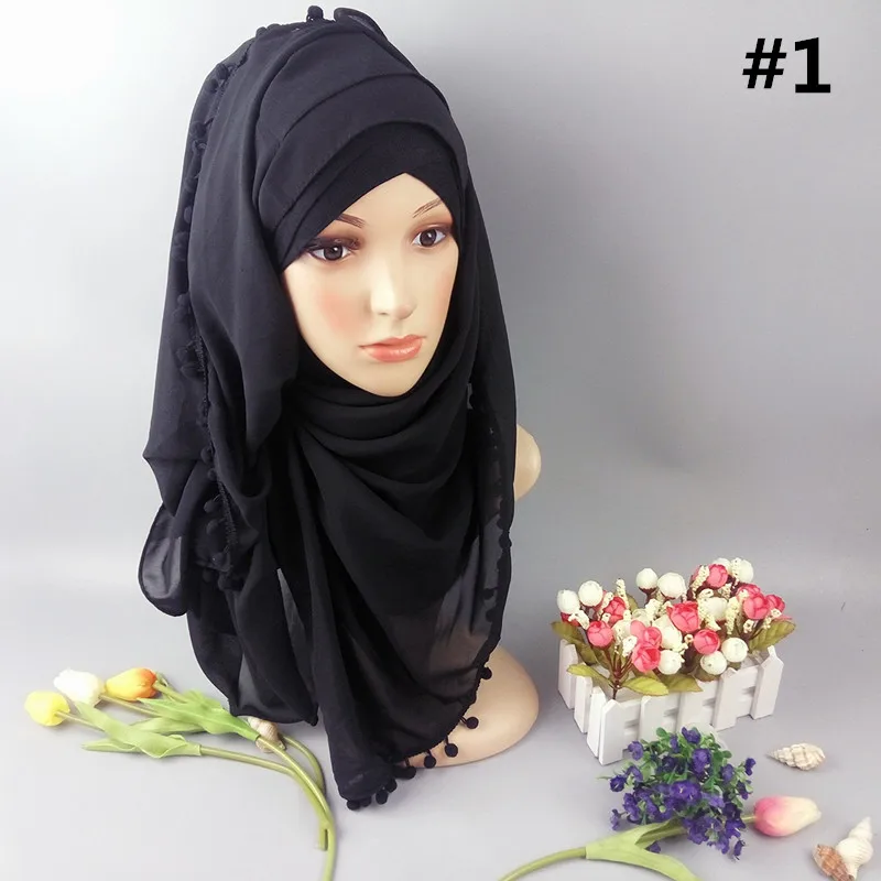 Chiffon Shawls Muslim Women Head Wear Hijab With Pom Pom Tassel Solid