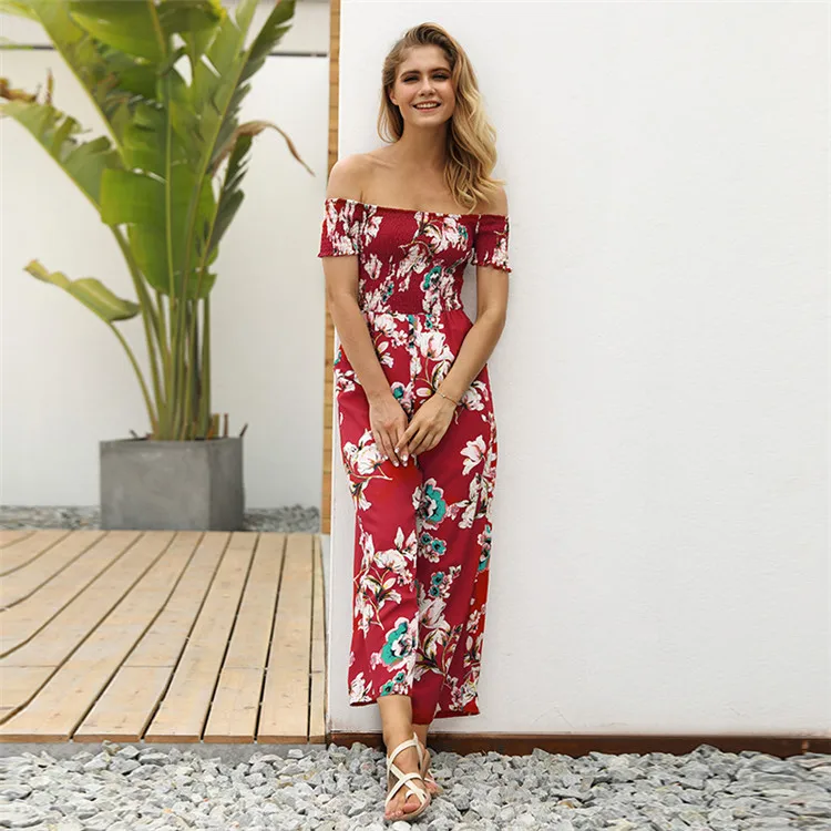 China Factory Supplied Summer Autumn Casual Off Shoulder High Waist Wide Leg Pants Womens One Piece Floral Palazzo Jumpsuit