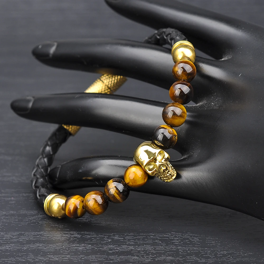 Fashion Tiger Eye Stone Bead Gold Skull Charm Leather Bracelet For Men,Mens Bracelets Skull Jewelry