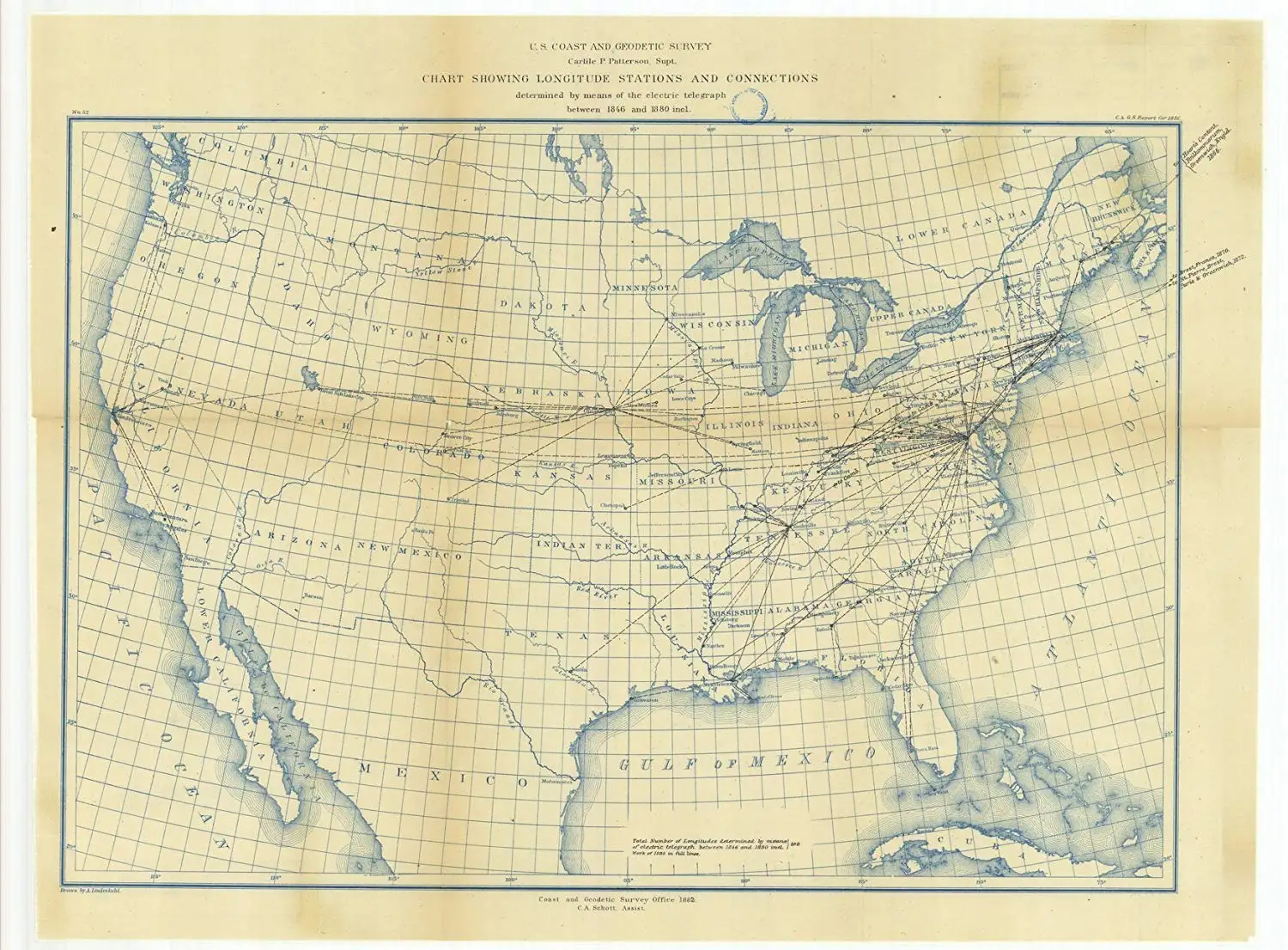 Vintography 8 x 12 inch 1880 Maine Old Nautical map Drawing Chart Chart Showing Longitude Stations Connections Determined Means The Electric Telegraph Between 1846 1880 from US Coast & Geodeti