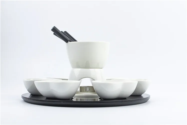 Tea time cheese tools chocolate melting pot , white ceramic fondue for serving 