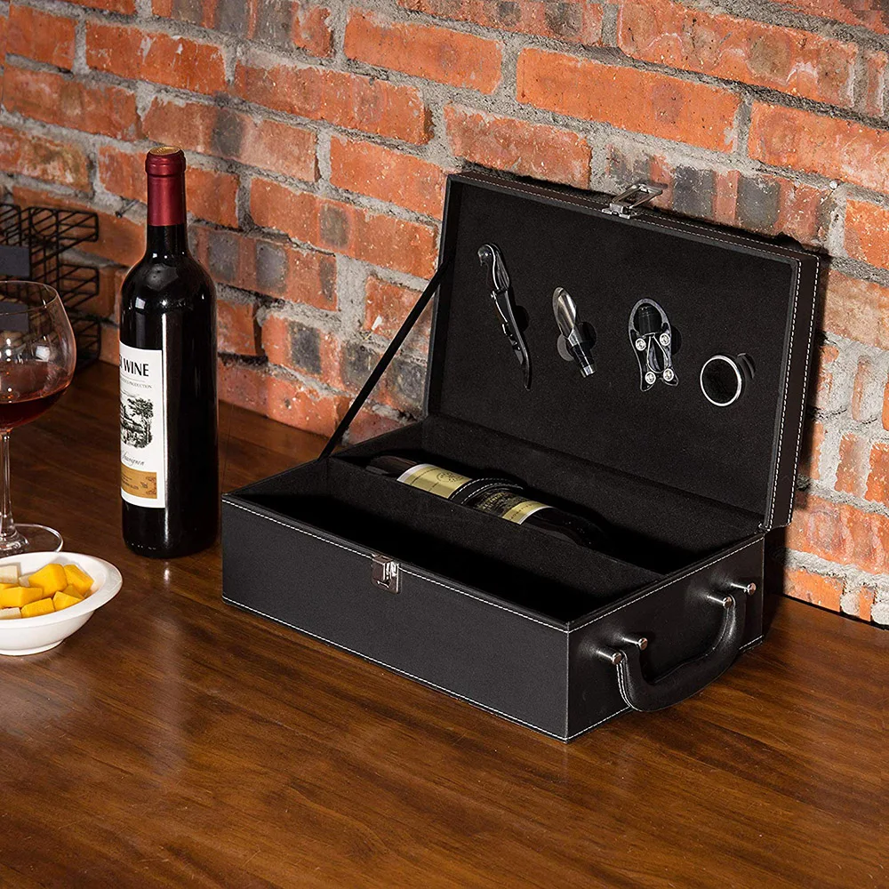 Personalised Wine Bottle Gift Box Presentation Case with 4pc Accessories Set 