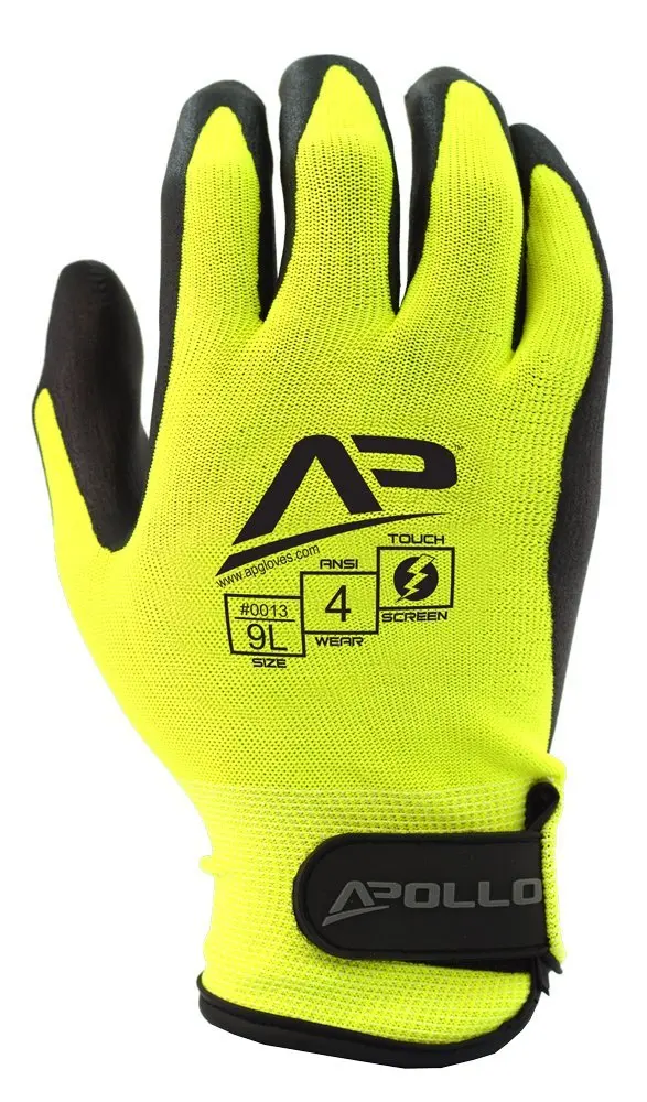 Apollo Performance Work Gloves 12 with Velcro Wrist closure, Tool Grabber Glove with Micro Foam Nitrile, 15 Gauge Nylon/Lycra Knit, Abrasion Protection, Touch Screen Capabilities with Lightning Touch Technology, 1 Pair, Medium, Hi Vis Yellow/Black