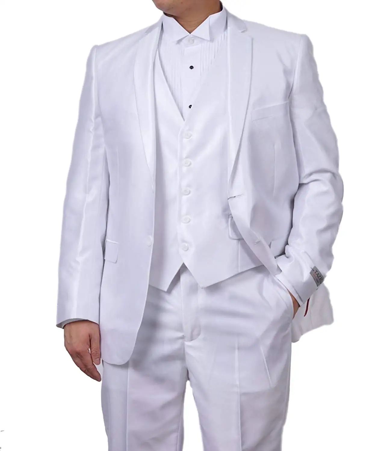 TAZIO New Mens 3 Pc (Jacket, Pants & Vest) Shiny White Sharkskin Slim Fit Dress Suit (40R)