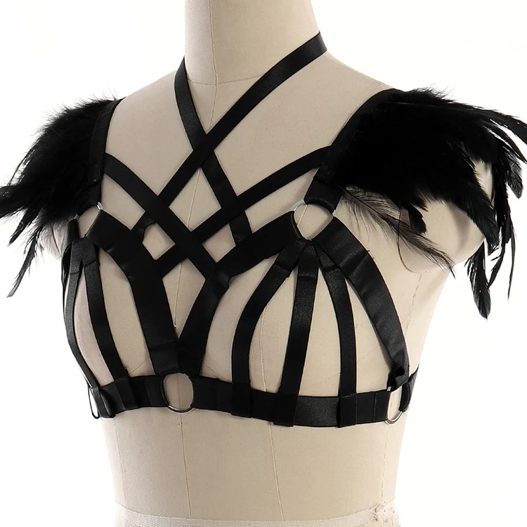 Black Lingerie Sexy Tops Soft Feather Harness Steampunk Gothic Adjust Elastic Harness Bra Caged