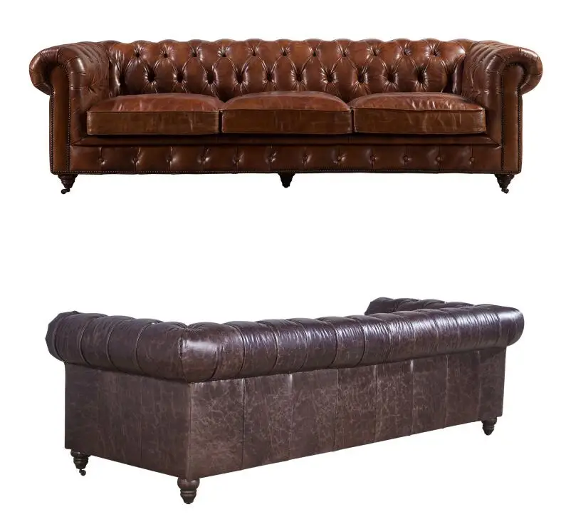 Antique European Style Genuine Leather Chesterfield Sofa With Rivets