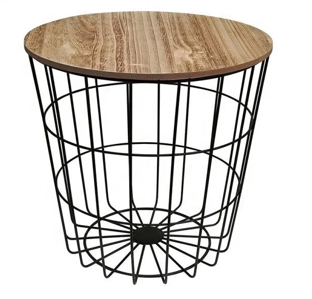Retro Black Metal Wire Wood Top Round Side Table Storage Basket Home Furniture 